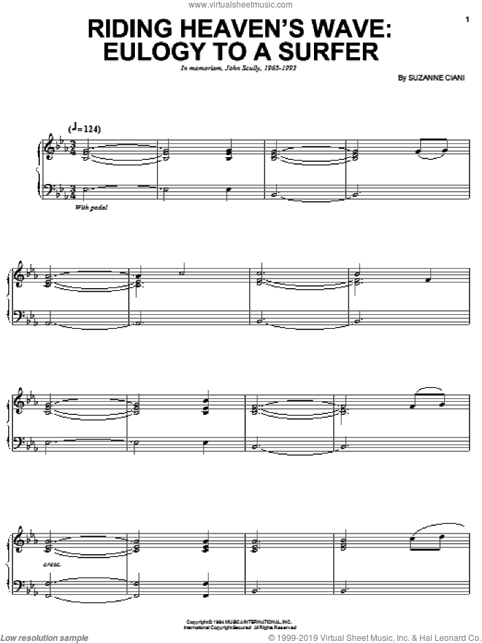 Riding Heaven's Wave: Eulogy To A Surfer sheet music for piano solo by Suzanne Ciani, intermediate skill level