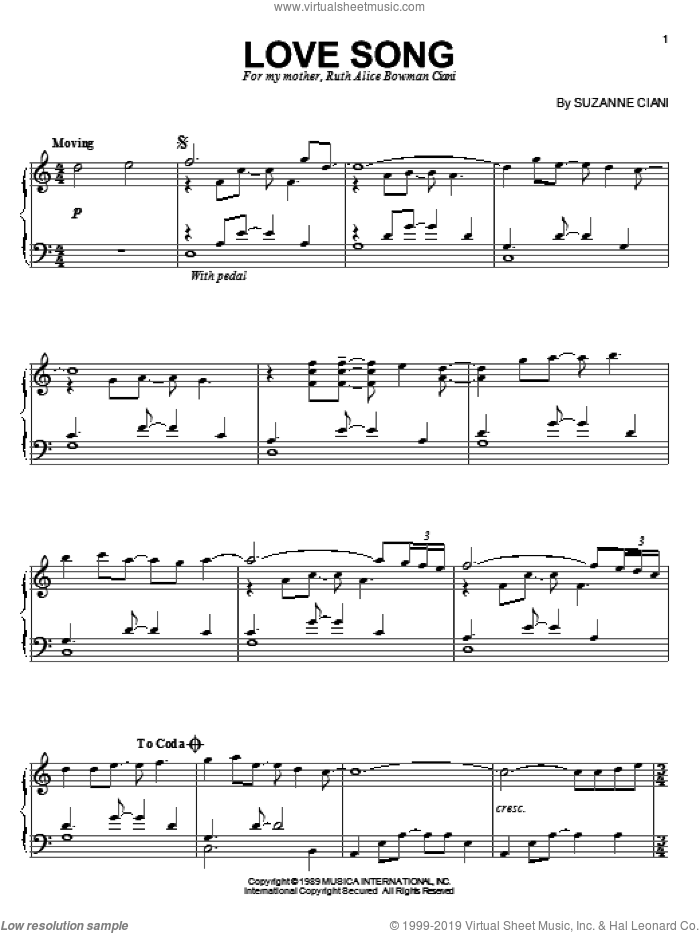 Love Song sheet music for piano solo by Suzanne Ciani, intermediate skill level