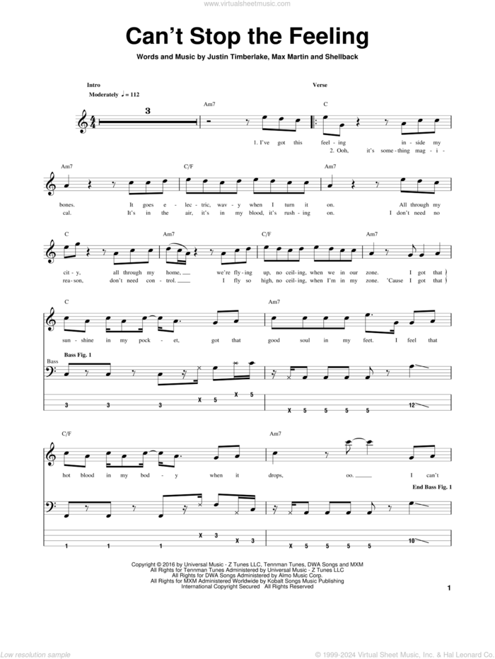 Can't Stop The Feeling sheet music for bass (tablature) (bass guitar) by Justin Timberlake, Johan Schuster, Max Martin and Shellback, intermediate skill level