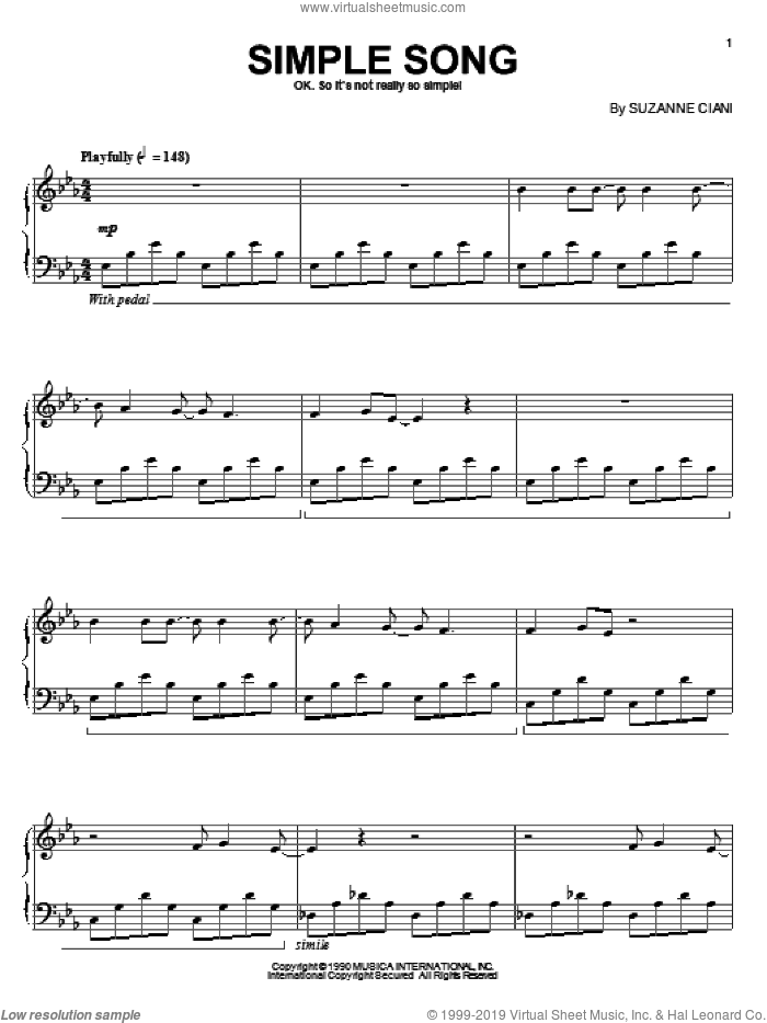 Simple Song sheet music for piano solo by Suzanne Ciani, intermediate skill level