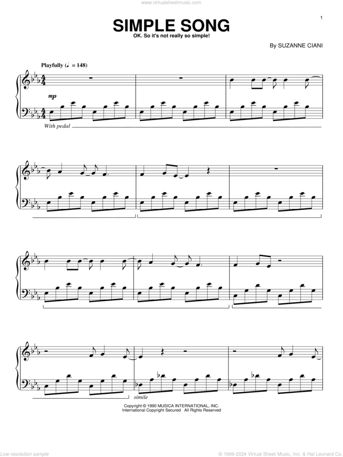 Simple Song sheet music for piano solo by Suzanne Ciani, intermediate skill level