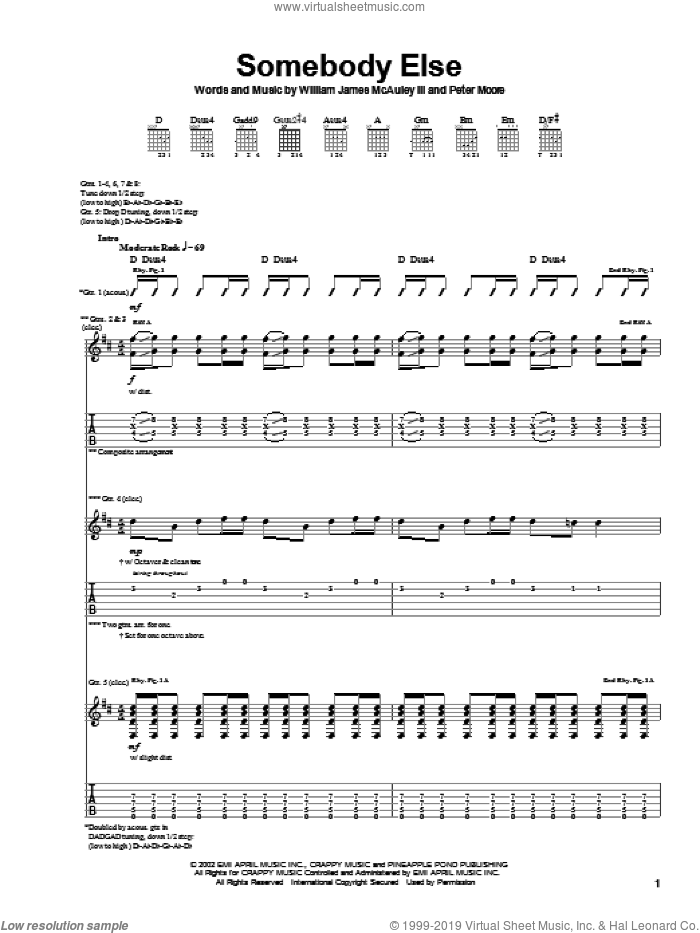 Somebody Else sheet music for guitar (tablature) by Bleu, Spider-Man (Movie), Peter Moore and William James McAuley, intermediate skill level