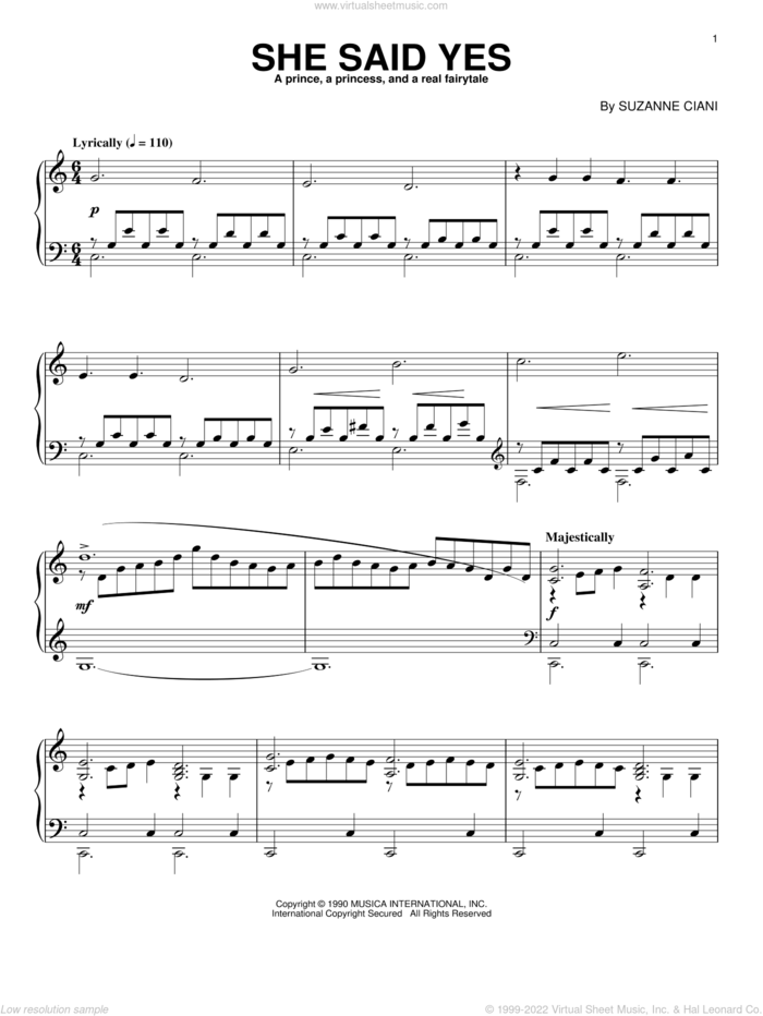 She Said Yes sheet music for piano solo by Suzanne Ciani, intermediate skill level