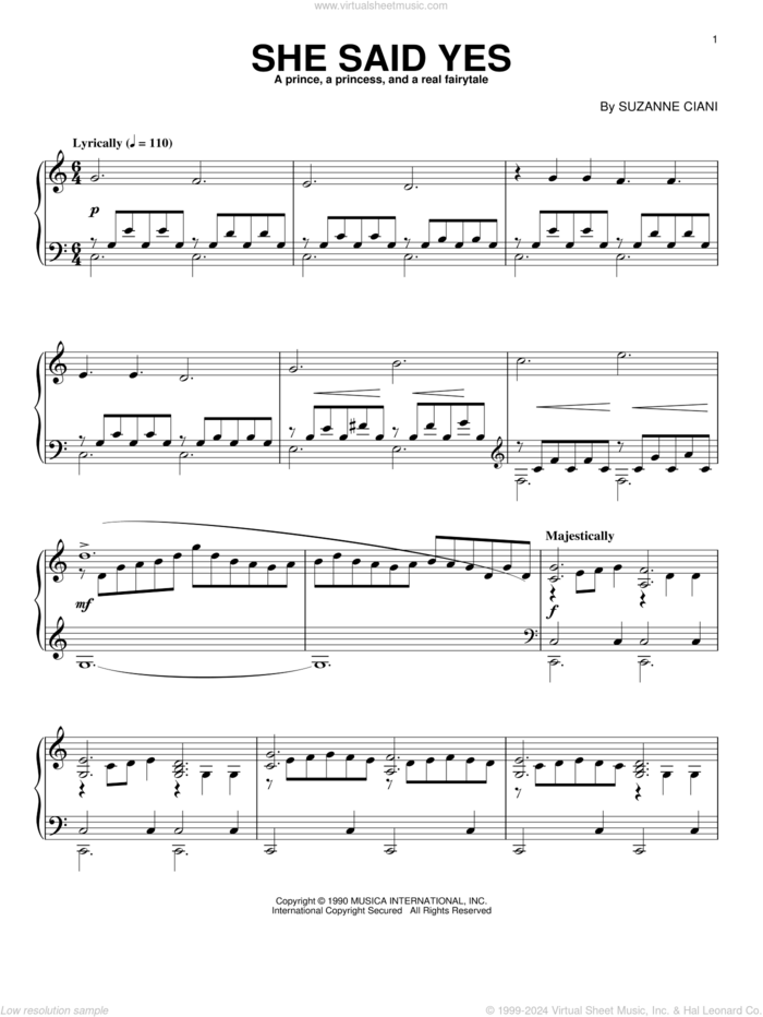 She Said Yes sheet music for piano solo by Suzanne Ciani, intermediate skill level