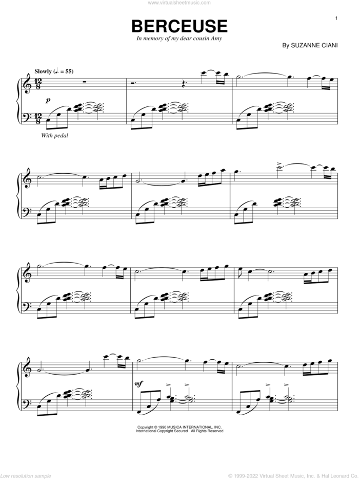 Berceuse sheet music for piano solo by Suzanne Ciani, intermediate skill level