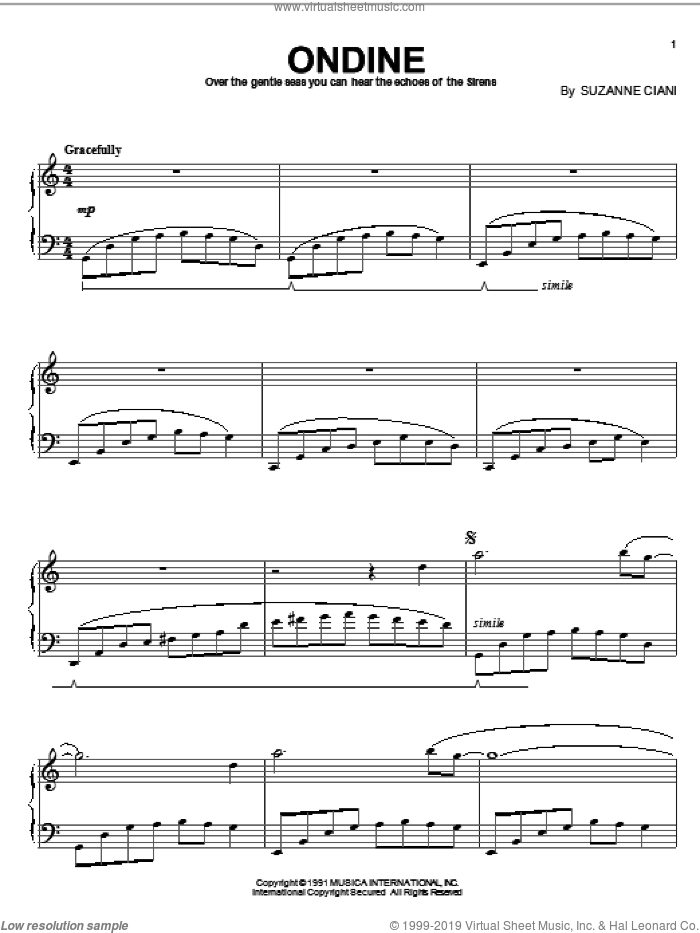 Ondine sheet music for piano solo by Suzanne Ciani, intermediate skill level