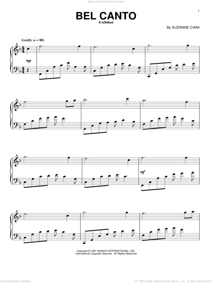 Bel Canto (Lullabye) sheet music for piano solo by Suzanne Ciani, intermediate skill level