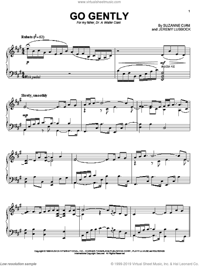 Go Gently sheet music for piano solo by Suzanne Ciani and Jeremy Lubbock, intermediate skill level