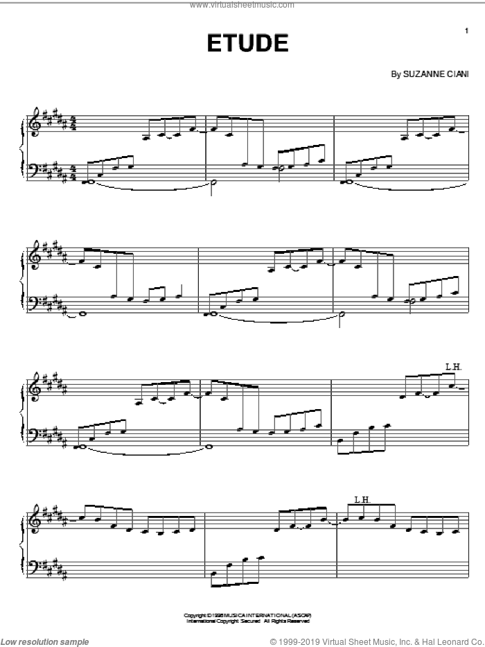 Etude sheet music for piano solo by Suzanne Ciani, intermediate skill level