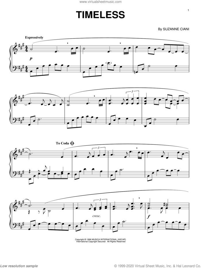 Timeless sheet music for piano solo by Suzanne Ciani, intermediate skill level