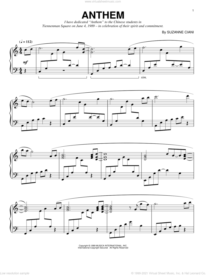 Anthem sheet music for piano solo by Suzanne Ciani, intermediate skill level