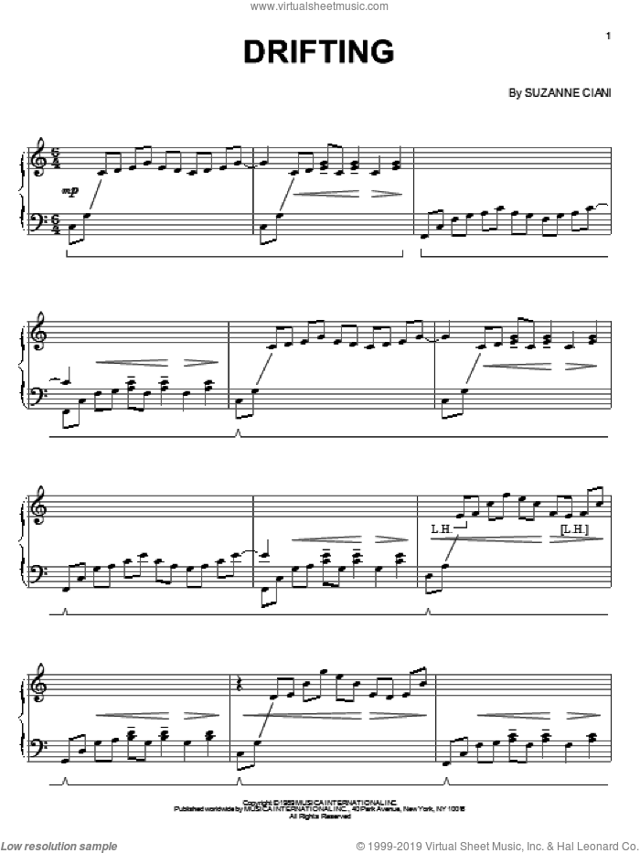 Drifting sheet music for piano solo by Suzanne Ciani, intermediate skill level