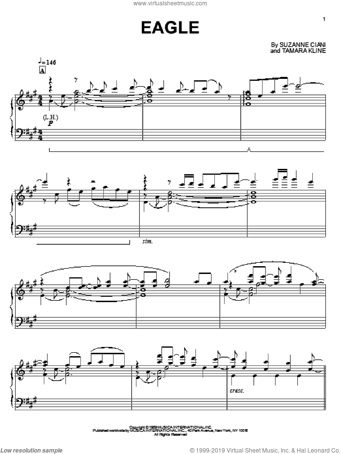 Eagle sheet music for piano solo by Suzanne Ciani, intermediate skill level