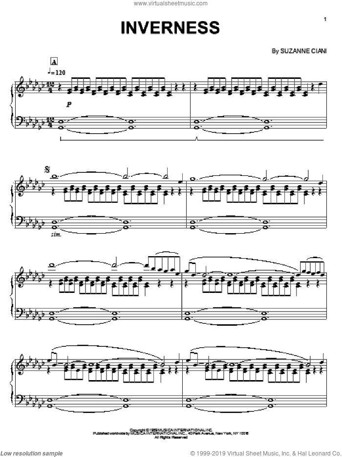 Inverness sheet music for piano solo by Suzanne Ciani, intermediate skill level