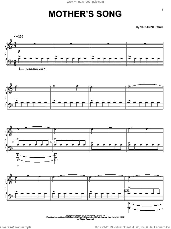 Mother's Song sheet music for piano solo by Suzanne Ciani, intermediate skill level