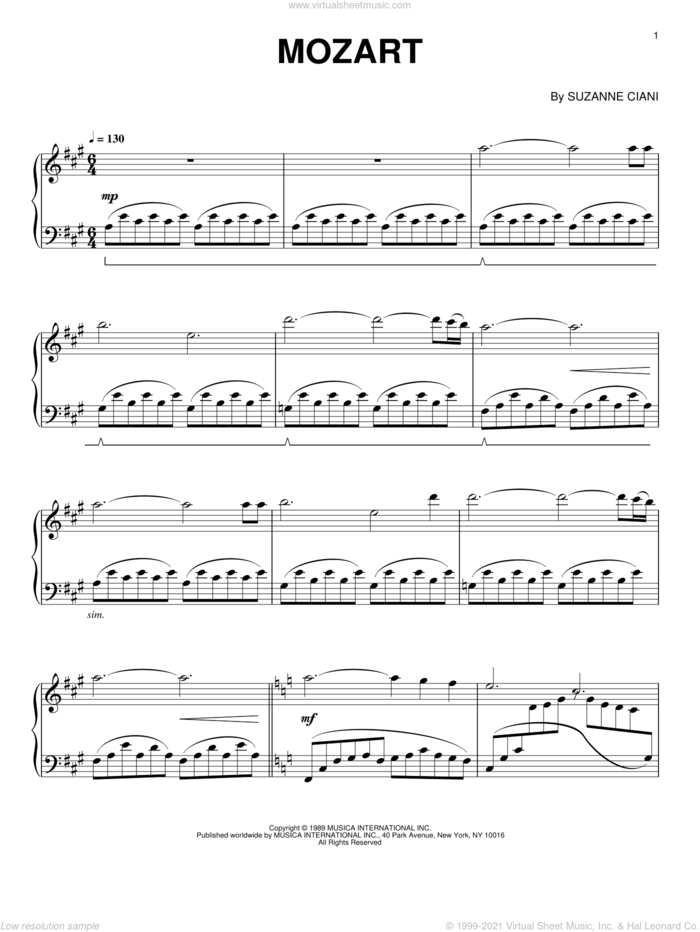 Mozart sheet music for piano solo by Suzanne Ciani, intermediate skill level