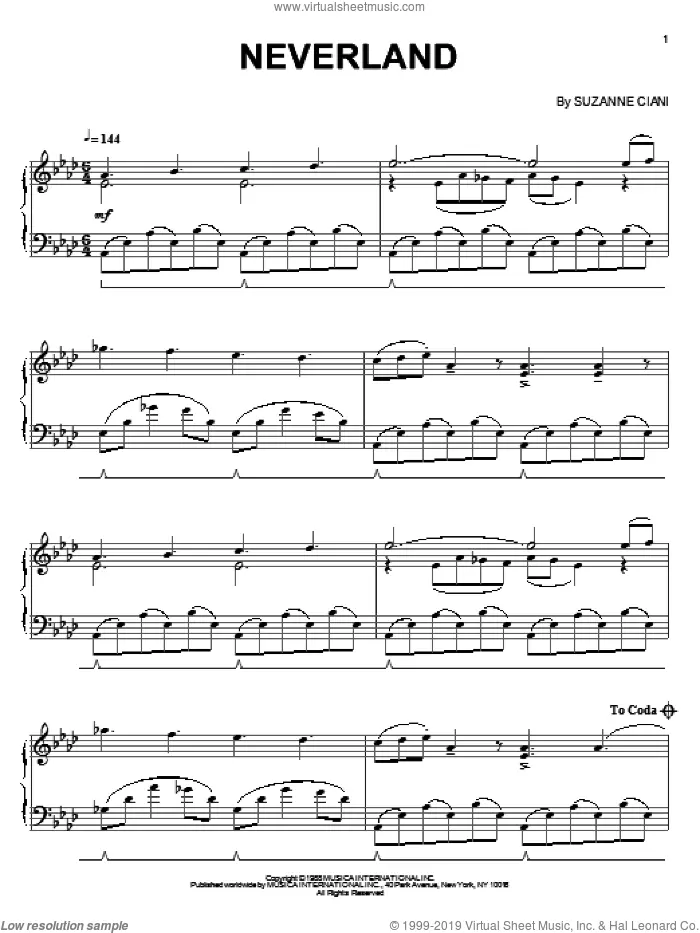 Neverland sheet music for piano solo by Suzanne Ciani, intermediate skill level