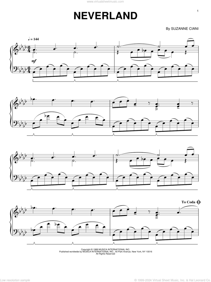 Neverland sheet music for piano solo by Suzanne Ciani, intermediate skill level