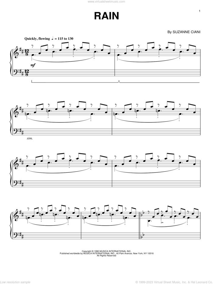 Rain sheet music for piano solo by Suzanne Ciani, intermediate skill level