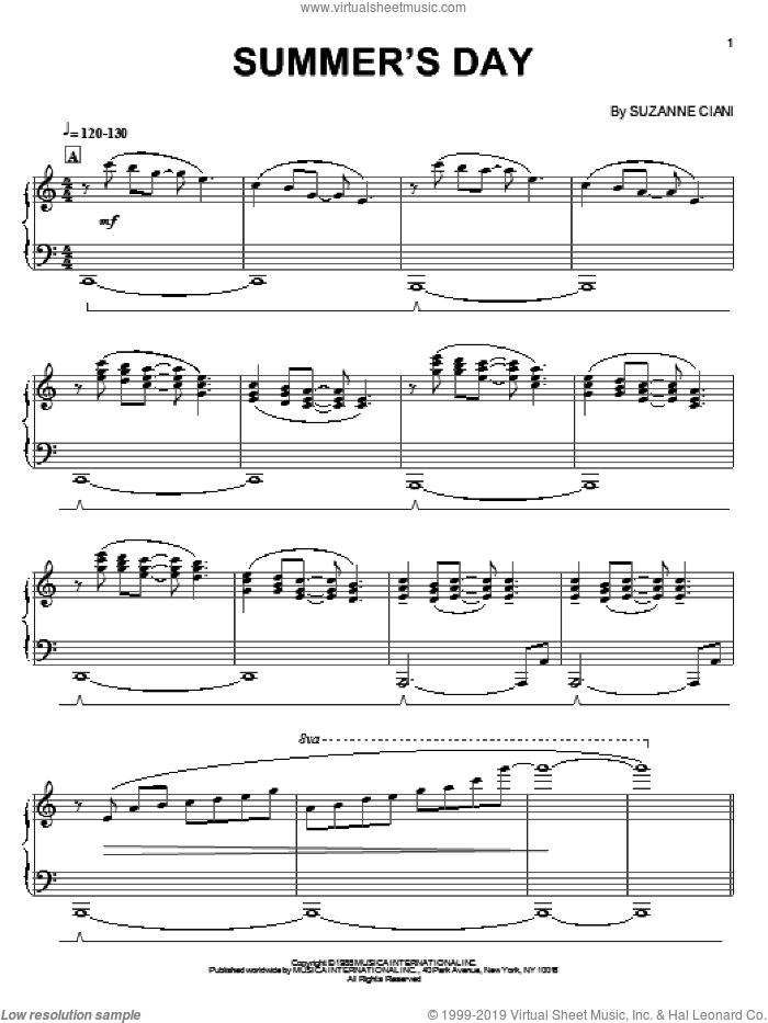 Summer's Day sheet music for piano solo by Suzanne Ciani, wedding score, intermediate skill level