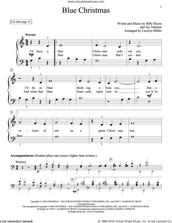 Blue Christmas sheet music for piano solo (elementary) by Billy Hayes, Carolyn Miller, Browns, Elvis Presley, Glenda Austin and Jay Johnson, beginner piano (elementary)