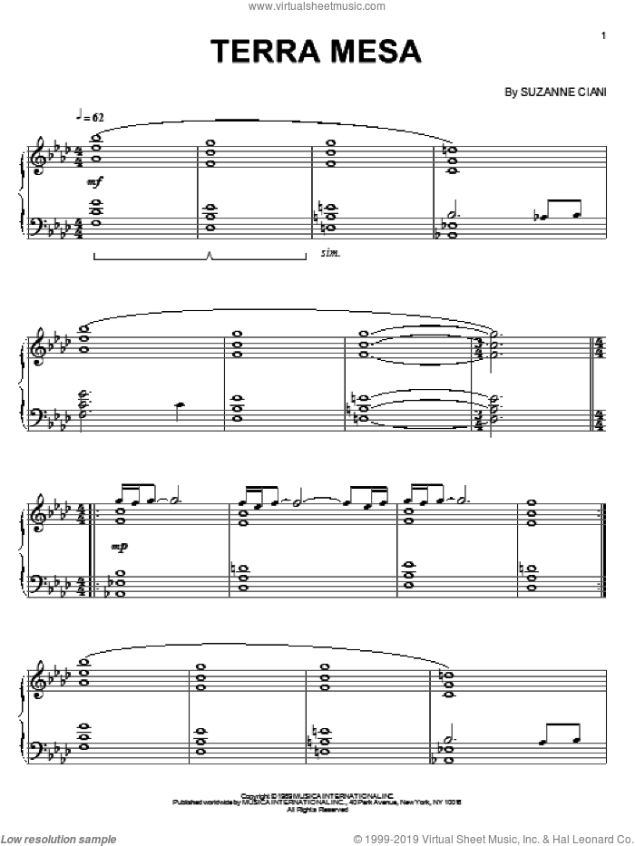 Terra Mesa sheet music for piano solo by Suzanne Ciani, intermediate skill level