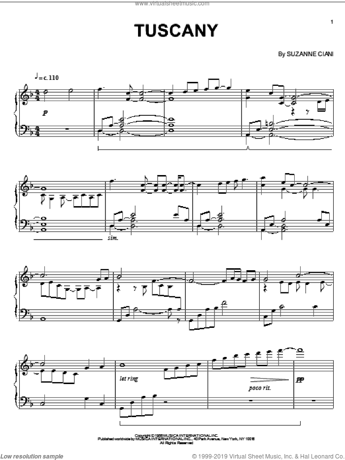 Tuscany sheet music for piano solo by Suzanne Ciani, intermediate skill level