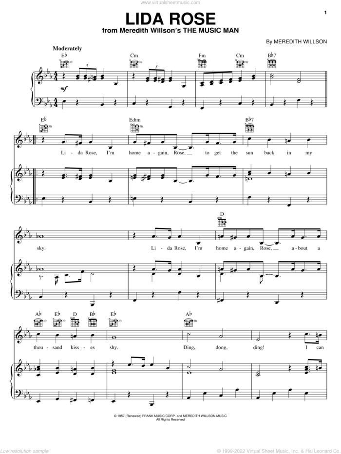 Lida Rose sheet music for voice, piano or guitar by Meredith Willson and The Music Man (Musical), intermediate skill level