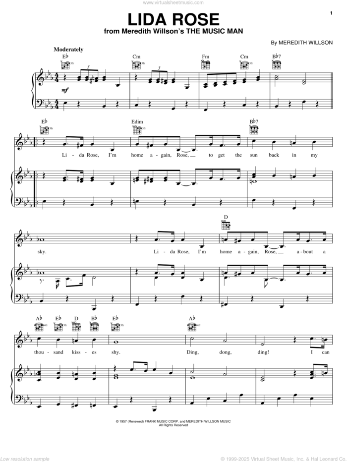 Lida Rose sheet music for voice, piano or guitar by Meredith Willson and The Music Man (Musical), intermediate skill level