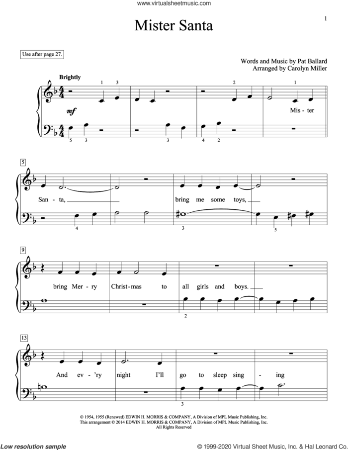 Mister Santa sheet music for piano solo (elementary) by Pat Ballard and Carolyn Miller, beginner piano (elementary)