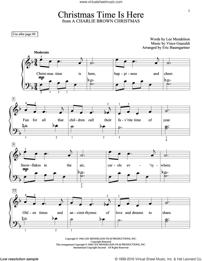 Christmas Time Is Here (arr. Eric Baumgartner) sheet music for piano solo (elementary) by Vince Guaraldi, Eric Baumgartner, Glenda Austin and Lee Mendelson, beginner piano (elementary)