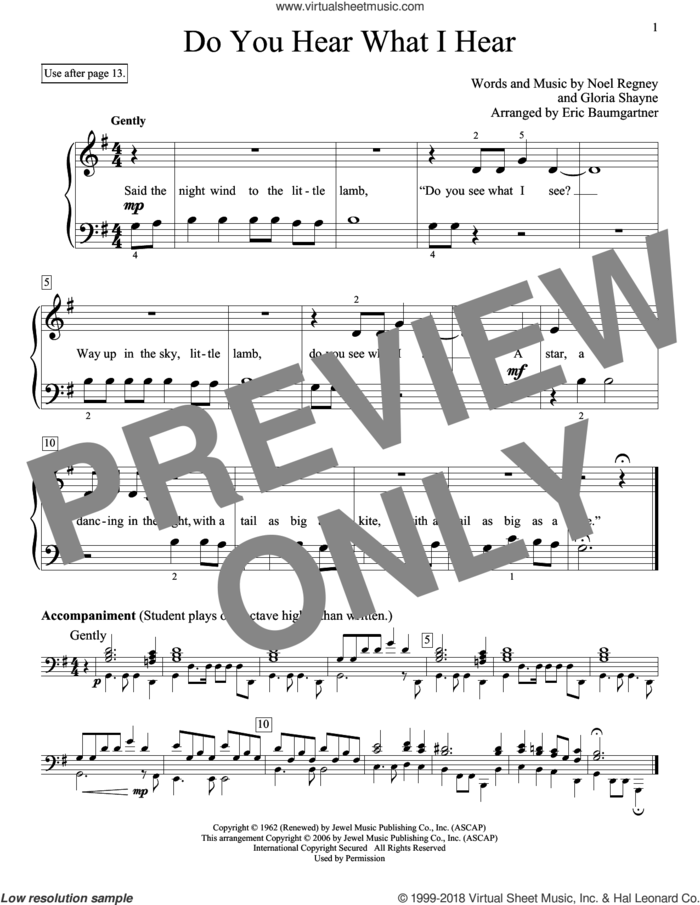 Do You Hear What I Hear sheet music for piano solo (elementary) by Gloria Shayne, Eric Baumgartner, Carrie Underwood and Noel Regney, beginner piano (elementary)