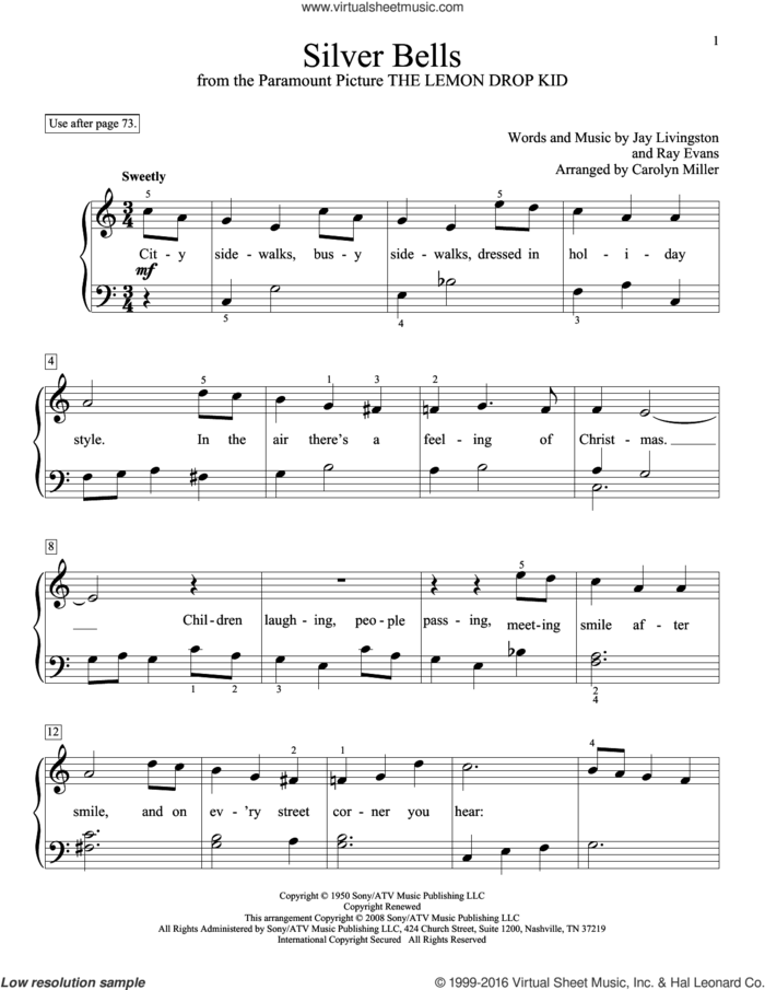 Silver Bells sheet music for piano solo (elementary) by Jay Livingston, Carolyn Miller, Kenny Chesney and Ray Evans, beginner piano (elementary)