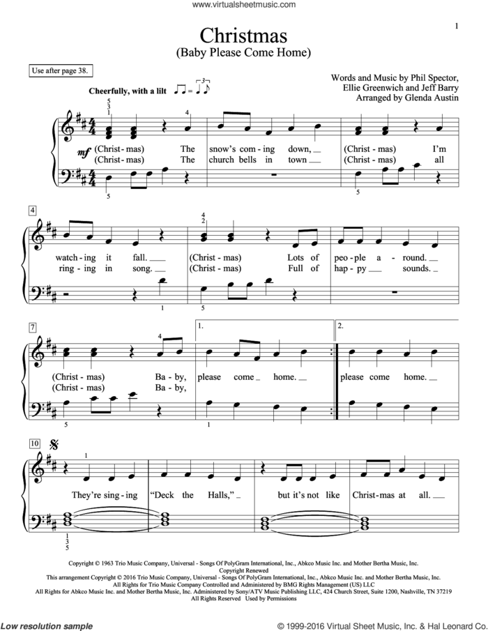 Christmas (Baby Please Come Home) sheet music for piano solo (elementary) by Jeff Barry, Glenda Austin, Mariah Carey, Ellie Greenwich and Phil Spector, beginner piano (elementary)
