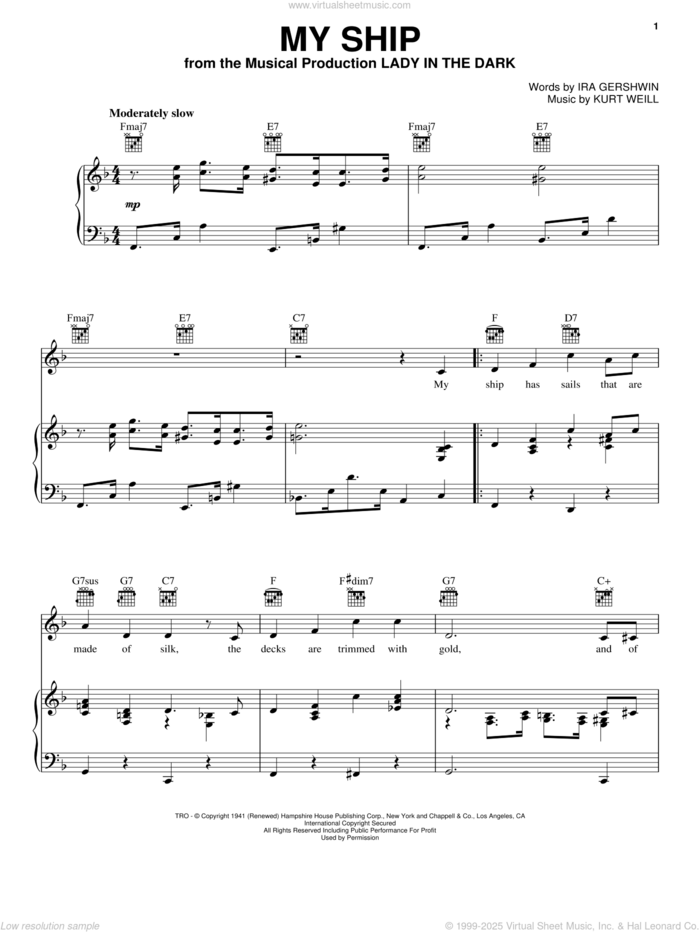 My Ship sheet music for voice, piano or guitar by Kurt Weill and Ira Gershwin, intermediate skill level