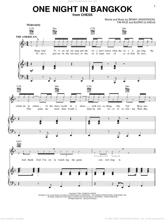 One Night In Bangkok sheet music for voice, piano or guitar by Murray Head, Benny Andersson, Bjorn Ulvaeus, Miscellaneous and Tim Rice, intermediate skill level