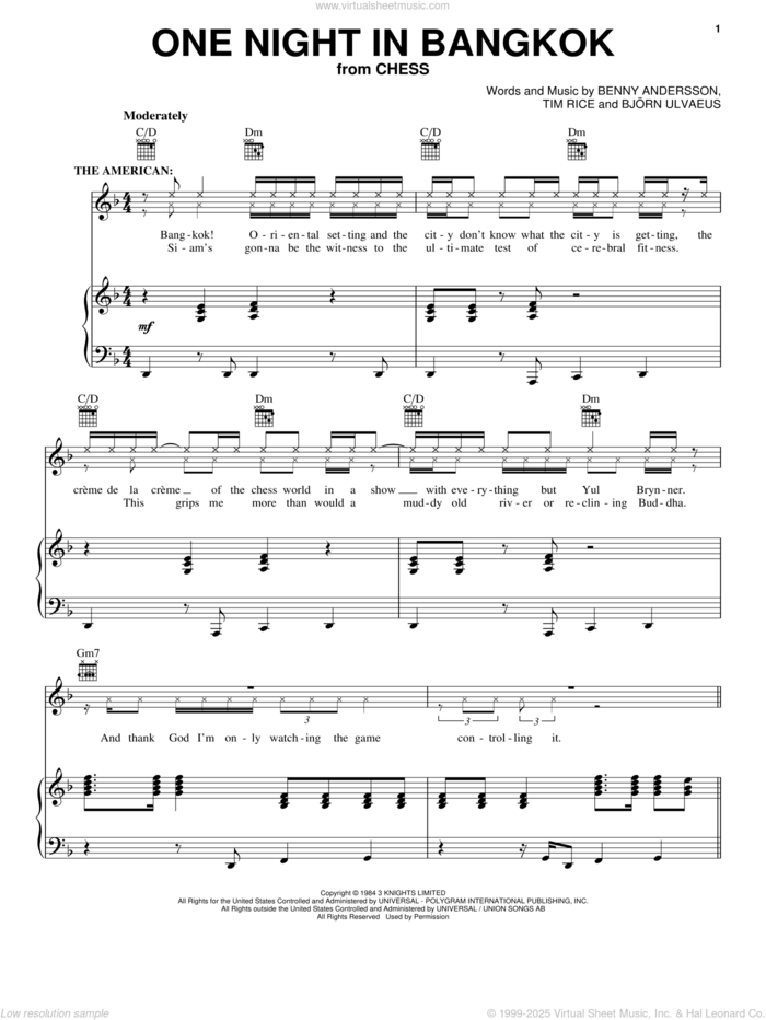 One Night In Bangkok sheet music for voice, piano or guitar by Murray Head, Benny Andersson, Bjorn Ulvaeus, Miscellaneous and Tim Rice, intermediate skill level