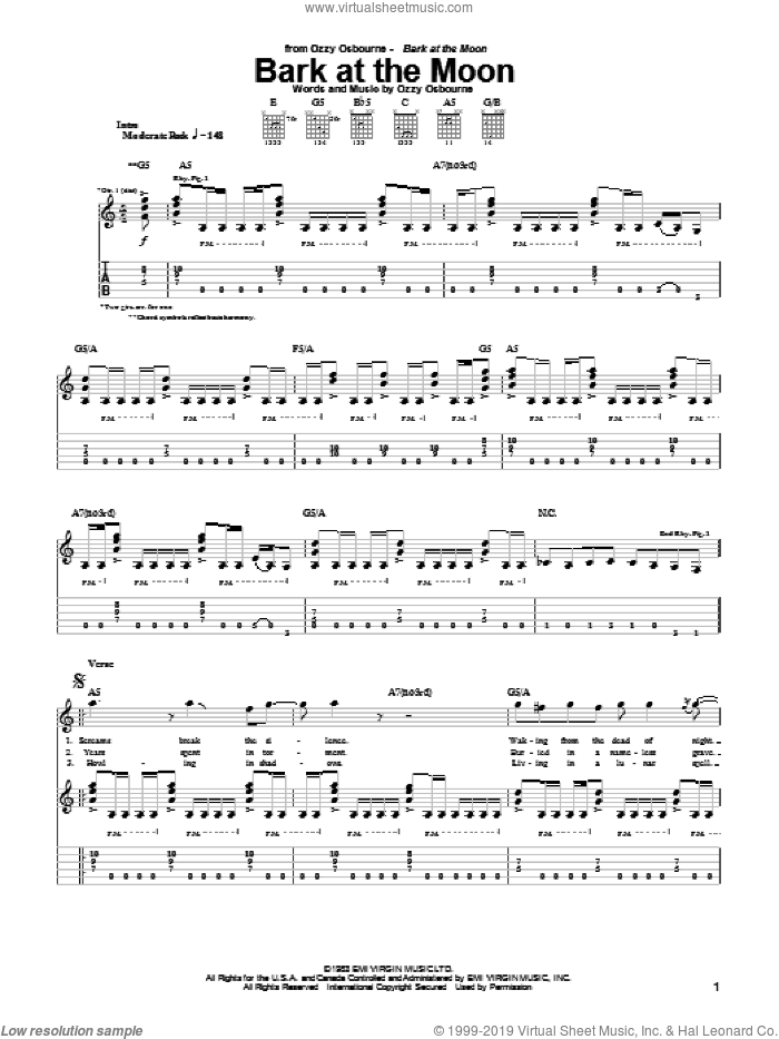 Bark At The Moon sheet music for guitar (tablature) by Ozzy Osbourne and Guitar Hero, intermediate skill level