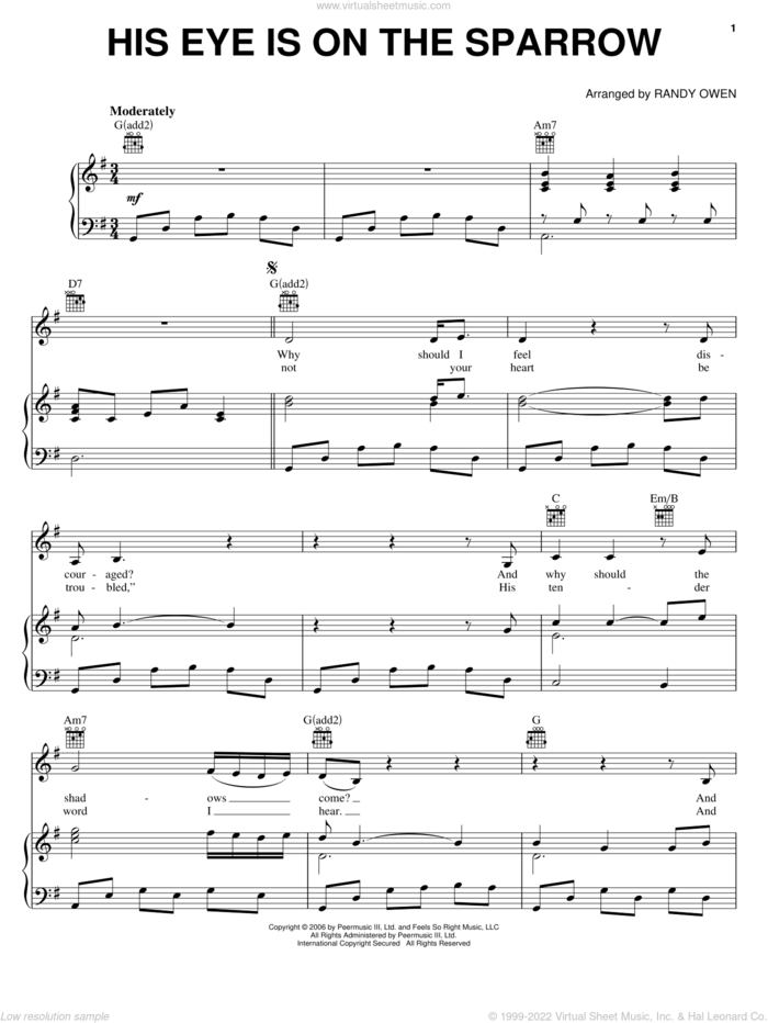 His Eye Is On The Sparrow sheet music for voice, piano or guitar by Alabama and Randy Owen, intermediate skill level
