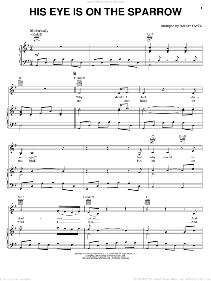 His Eye Is On The Sparrow sheet music for voice, piano or guitar by Alabama and Randy Owen, intermediate skill level