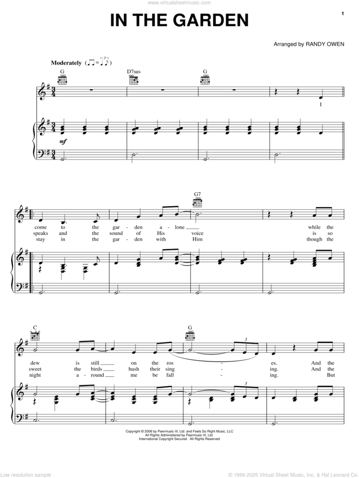 In The Garden sheet music for voice, piano or guitar by Alabama and Randy Owen, intermediate skill level