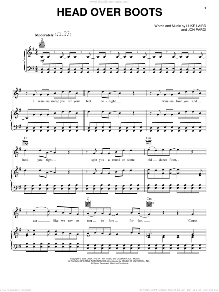Head Over Boots sheet music for voice, piano or guitar by Jon Pardi and Luke Laird, intermediate skill level