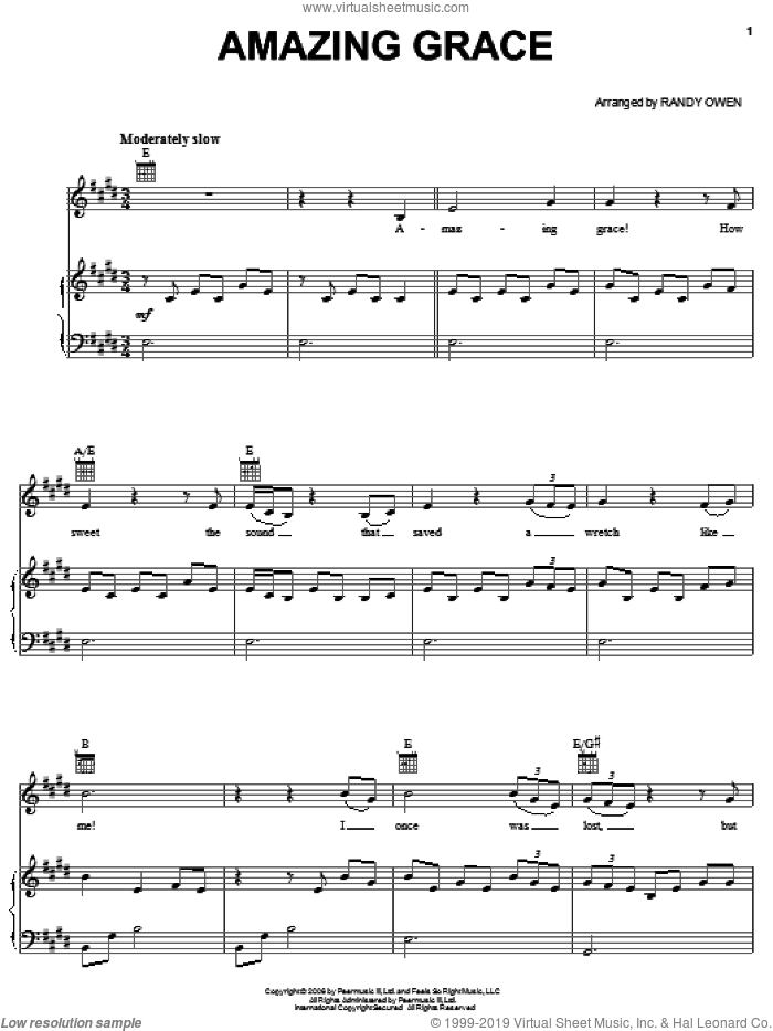 Amazing Grace sheet music for voice, piano or guitar by Alabama and Randy Owen, intermediate skill level