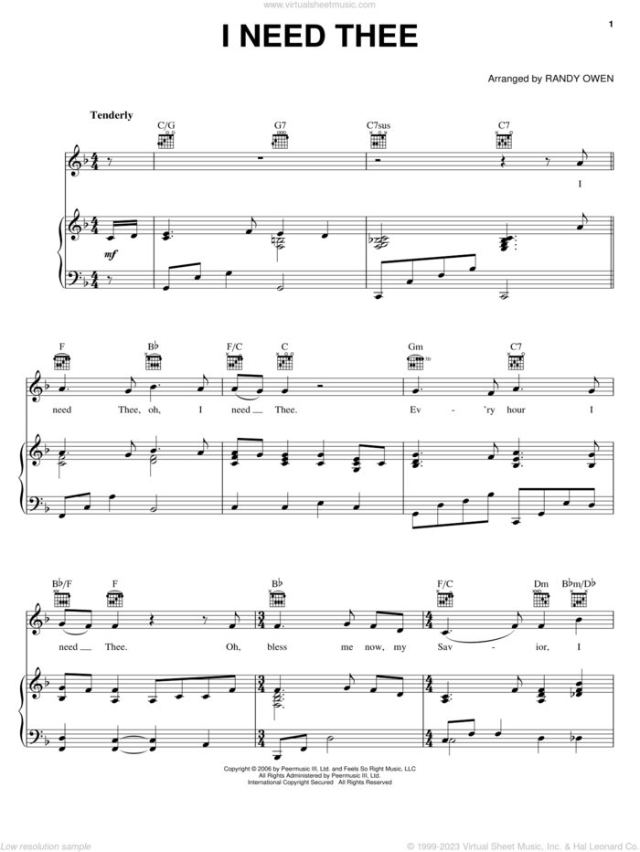I Need Thee sheet music for voice, piano or guitar by Alabama and Randy Owen, intermediate skill level