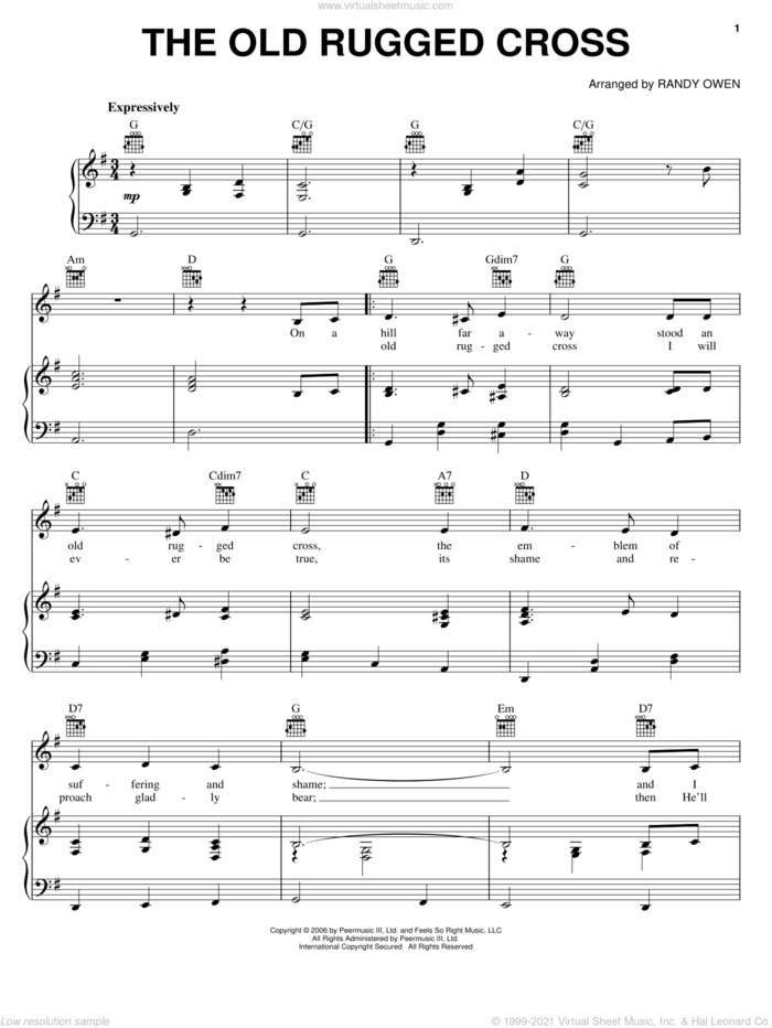 The Old Rugged Cross sheet music for voice, piano or guitar by Alabama and Randy Owen, intermediate skill level