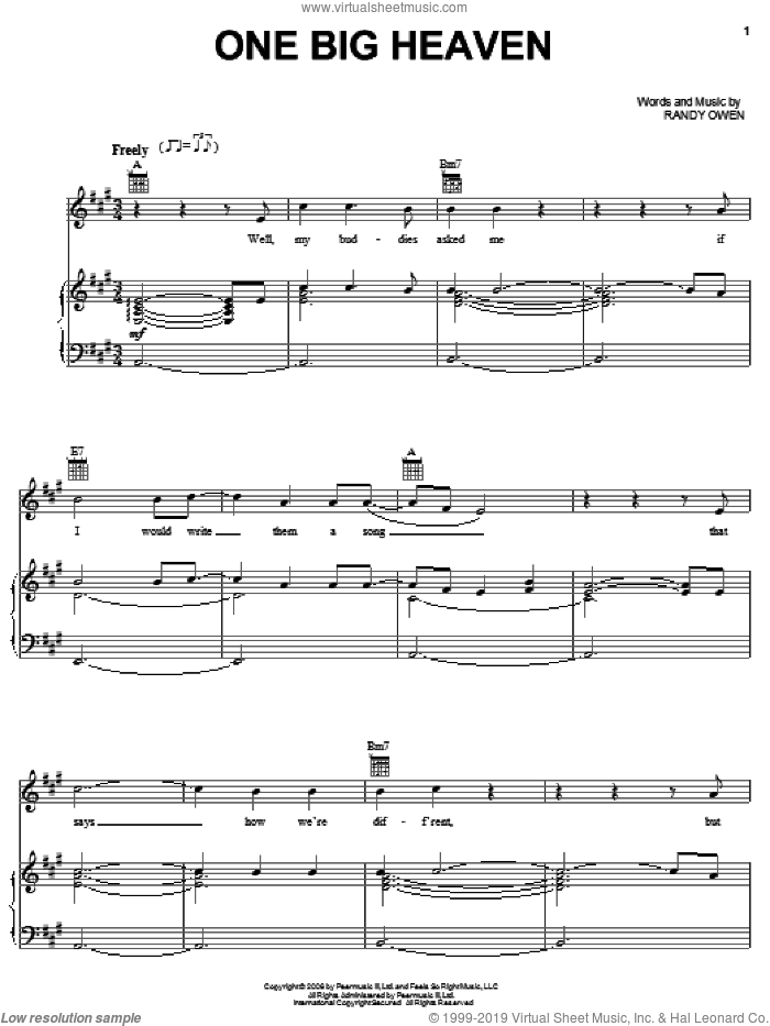 One Big Heaven sheet music for voice, piano or guitar by Alabama and Randy Owen, intermediate skill level