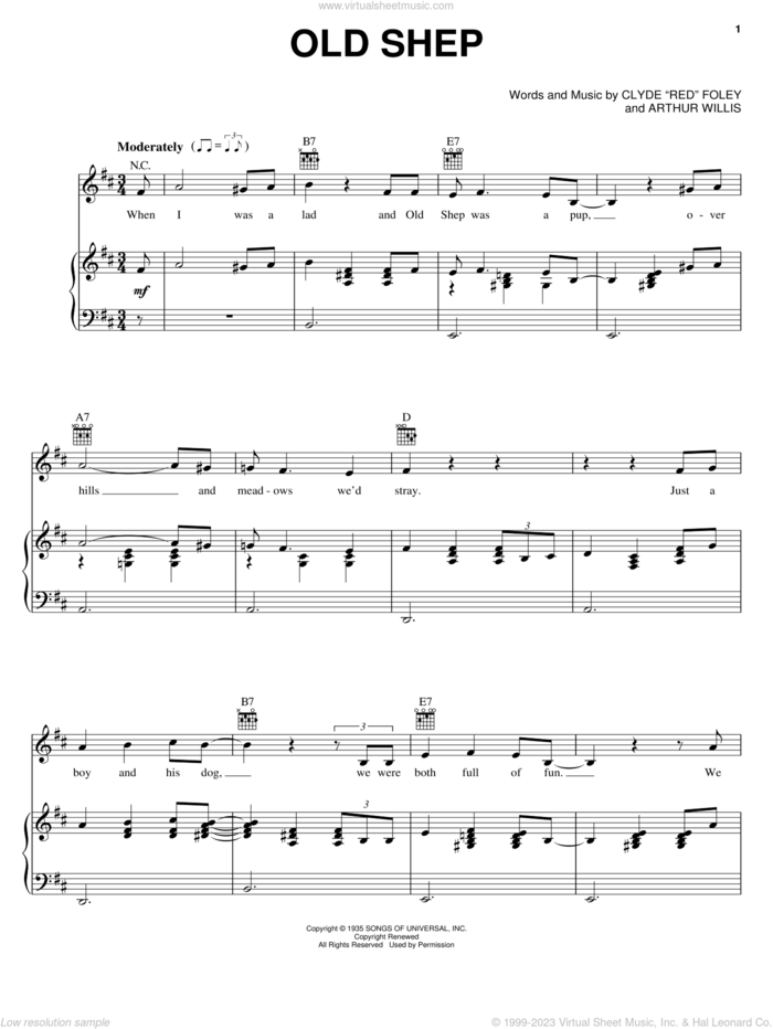 Old Shep sheet music for voice, piano or guitar by Alabama, Elvis Presley, Arthur Willis and Clyde 'Red' Foley, intermediate skill level