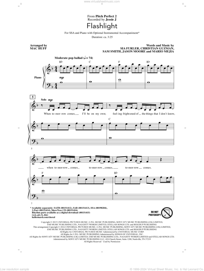 Flashlight (arr. Mac Huff) sheet music for choir (SSA: soprano, alto) by Sam Smith, Mac Huff, Jessie J, Christian Guzman, Jason Moore, Mario Mejia and Sia Furler, intermediate skill level