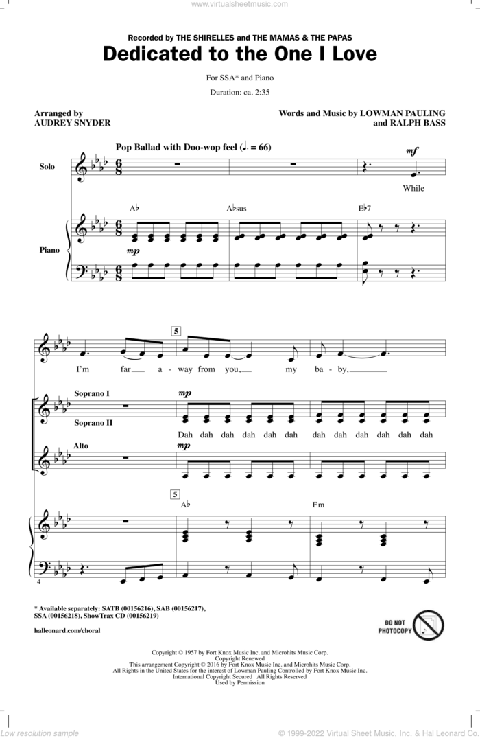 Dedicated To The One I Love sheet music for choir (SSA: soprano, alto) by Lowman Pauling, Audrey Snyder, The Mamas & The Papas, The Shirelles and Ralph Bass, intermediate skill level