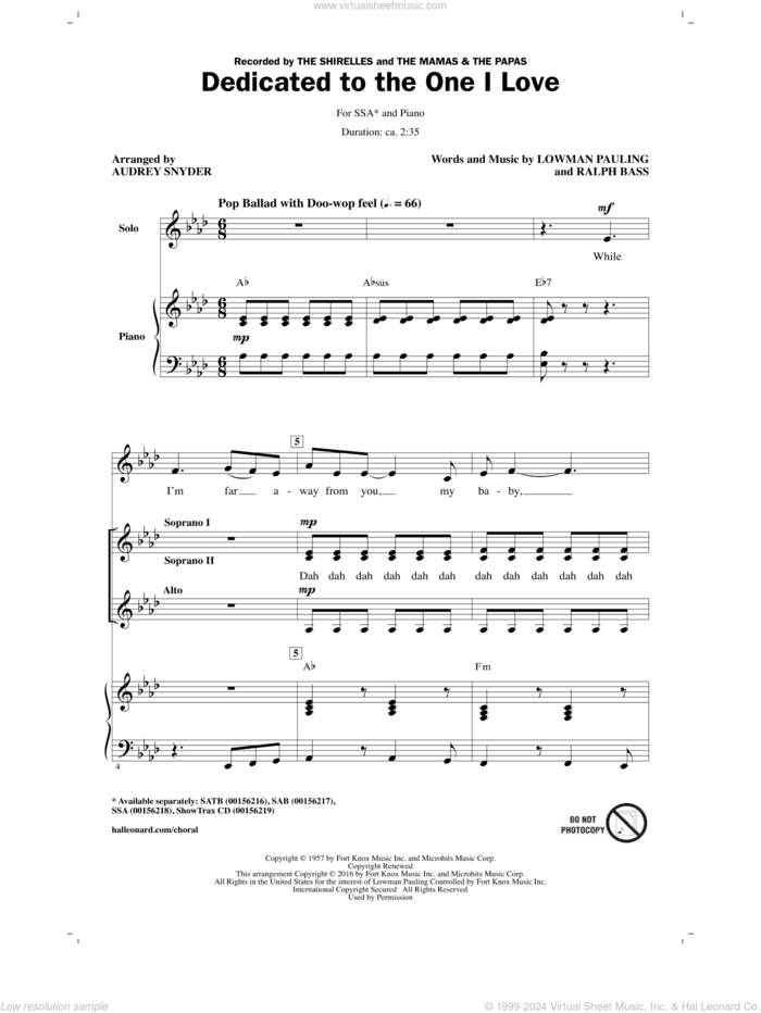 Dedicated To The One I Love sheet music for choir (SSA: soprano, alto) by Lowman Pauling, Audrey Snyder, The Mamas & The Papas, The Shirelles and Ralph Bass, intermediate skill level